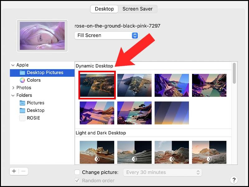 Tùy chọn hình nền tĩnh (Desktop Pictures), hình nền động (Dynamic Desktop)