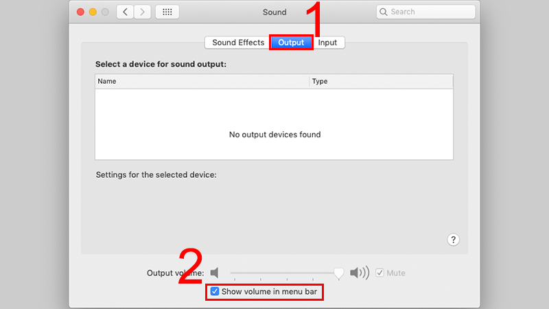 Chọn tab Output, sau đó tích chọn Show Volume in Menu Bar