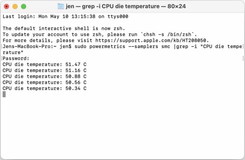 Terminal hiển thị nhiệt độ CPU