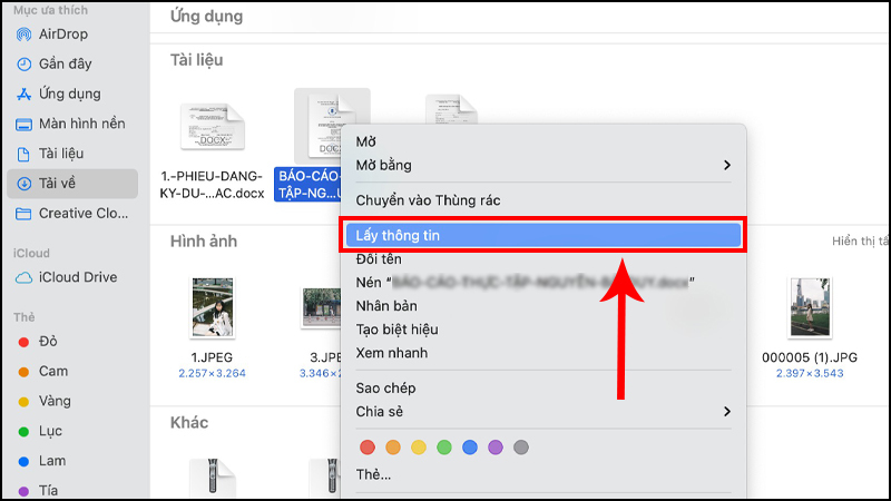 Click chuột phải vào file và chọn Lấy thông tin
