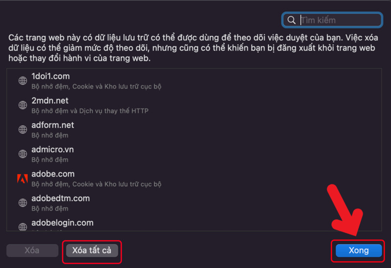 Xóa Cache, Cookies và Lịch sử duyệt web